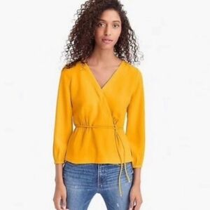 J. CREW Blouse Faux Wrap Tie Belt Fall Mustard Yellow Side Zip Size 4 Tall 4T